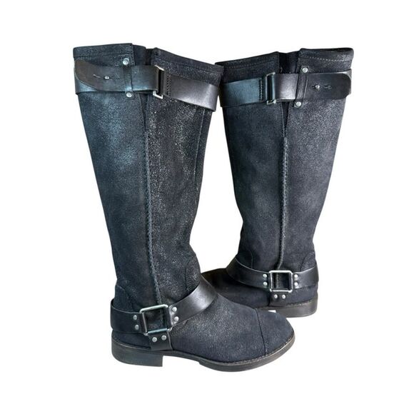 UGG Dree Black Leather Suede Harness Knee Boots Size 7 Round Toe Pull-On Moto - Picture 1 of 10